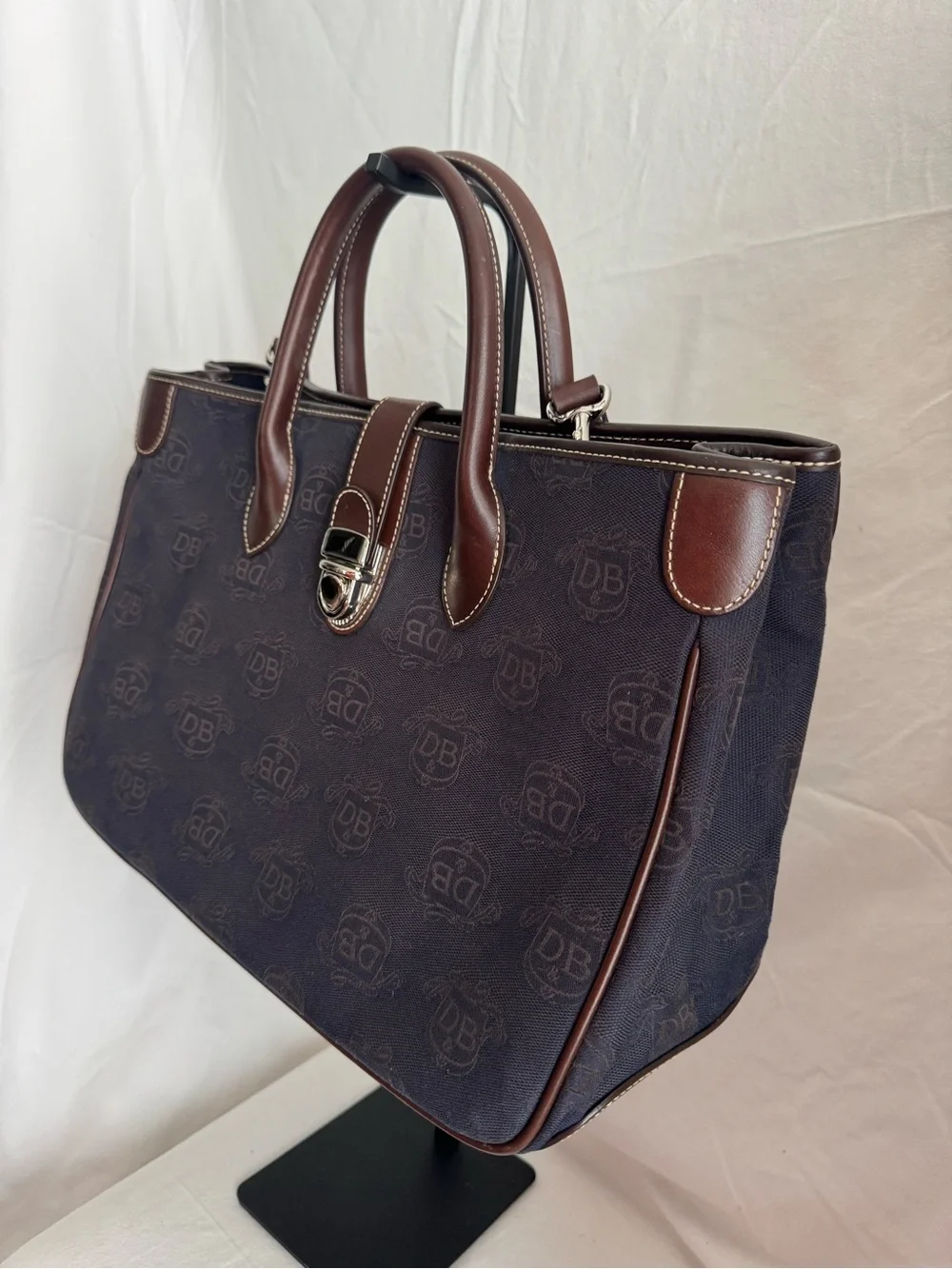Dooney & Bourke Monogram Canvas Double Handle Tote Bag Navy Blue Brown Leather